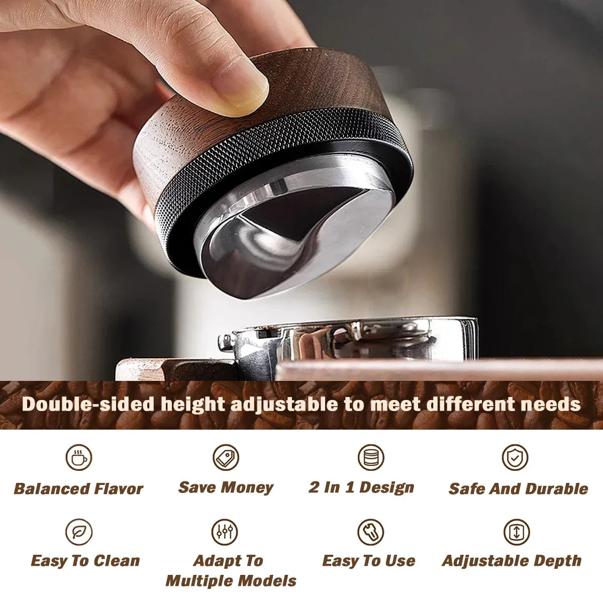 DecorBites™ Espresso Distribution Tool & Tamper - Adjustable Depth, Wooden, 51/53/58mm Sizes