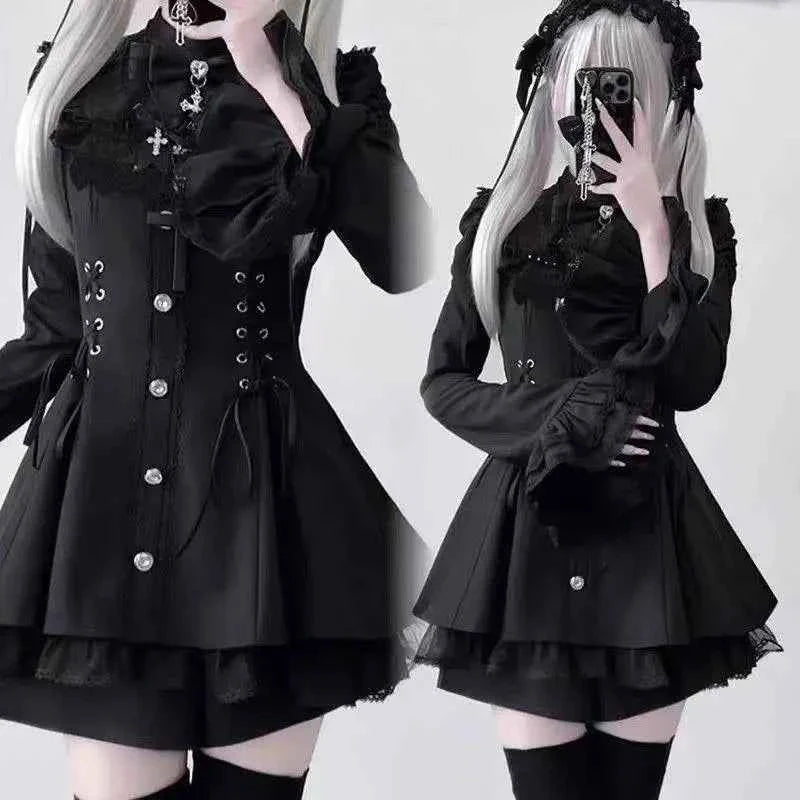 Y2k Aesthetic Lolita Style Bow Dress Set Women's Gothic Lace Flare Sleeve Button T-shirt Dress Punk Party Mini Dress