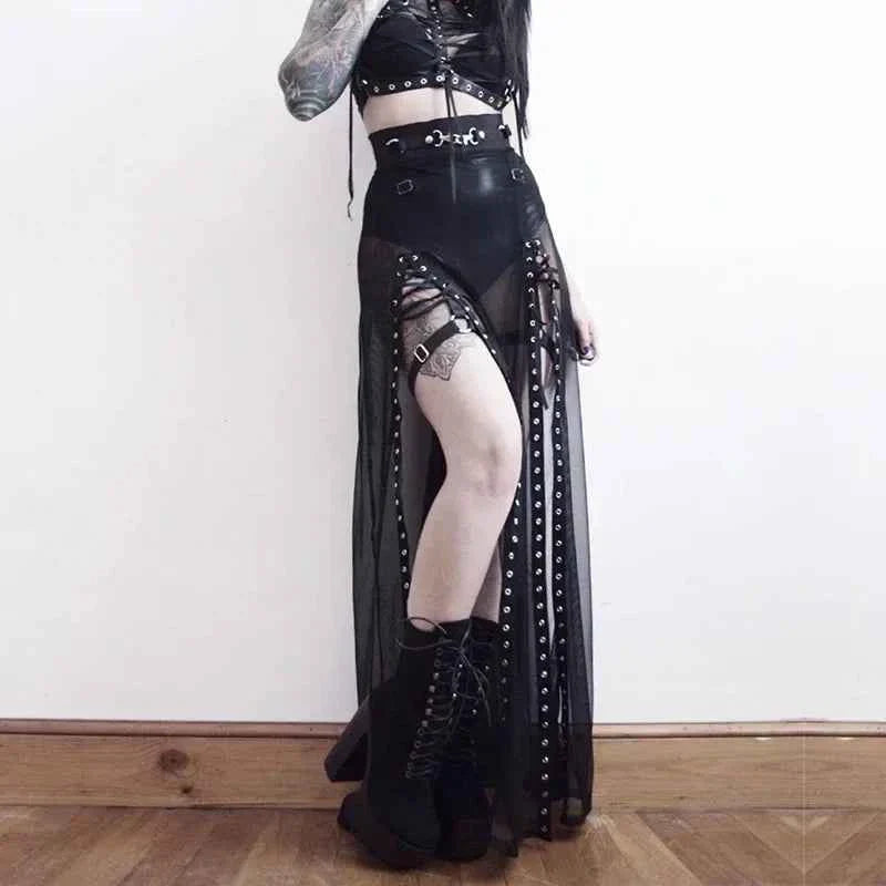Goth Mesh Side Slit Skirt Lace Up