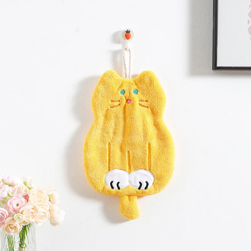 DecorBites™ Coral Plush Cat Microfiber Hand Towel: Cute Quick-Drying Kitchen Bathroom Accessory