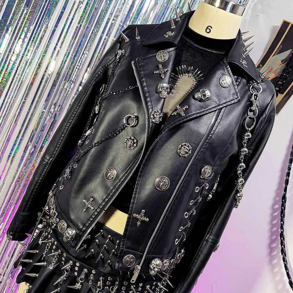 Women's Y2K Vegan Leather Skull Studded Rivets Jacket