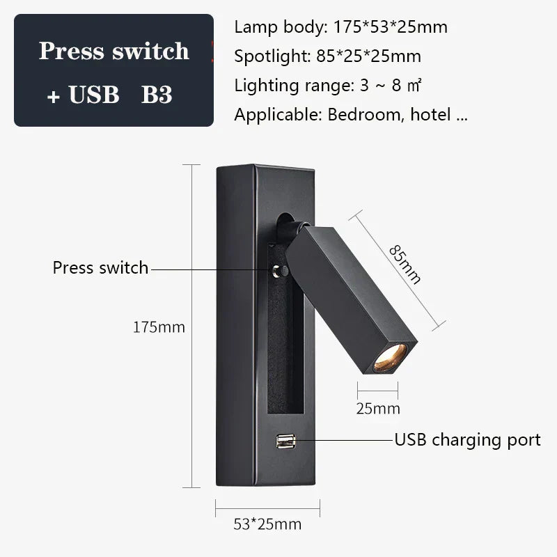 DecorBites™ Black Brass Wall Sconce with USB Port and Switch, 3W Spotlight for Bedroom