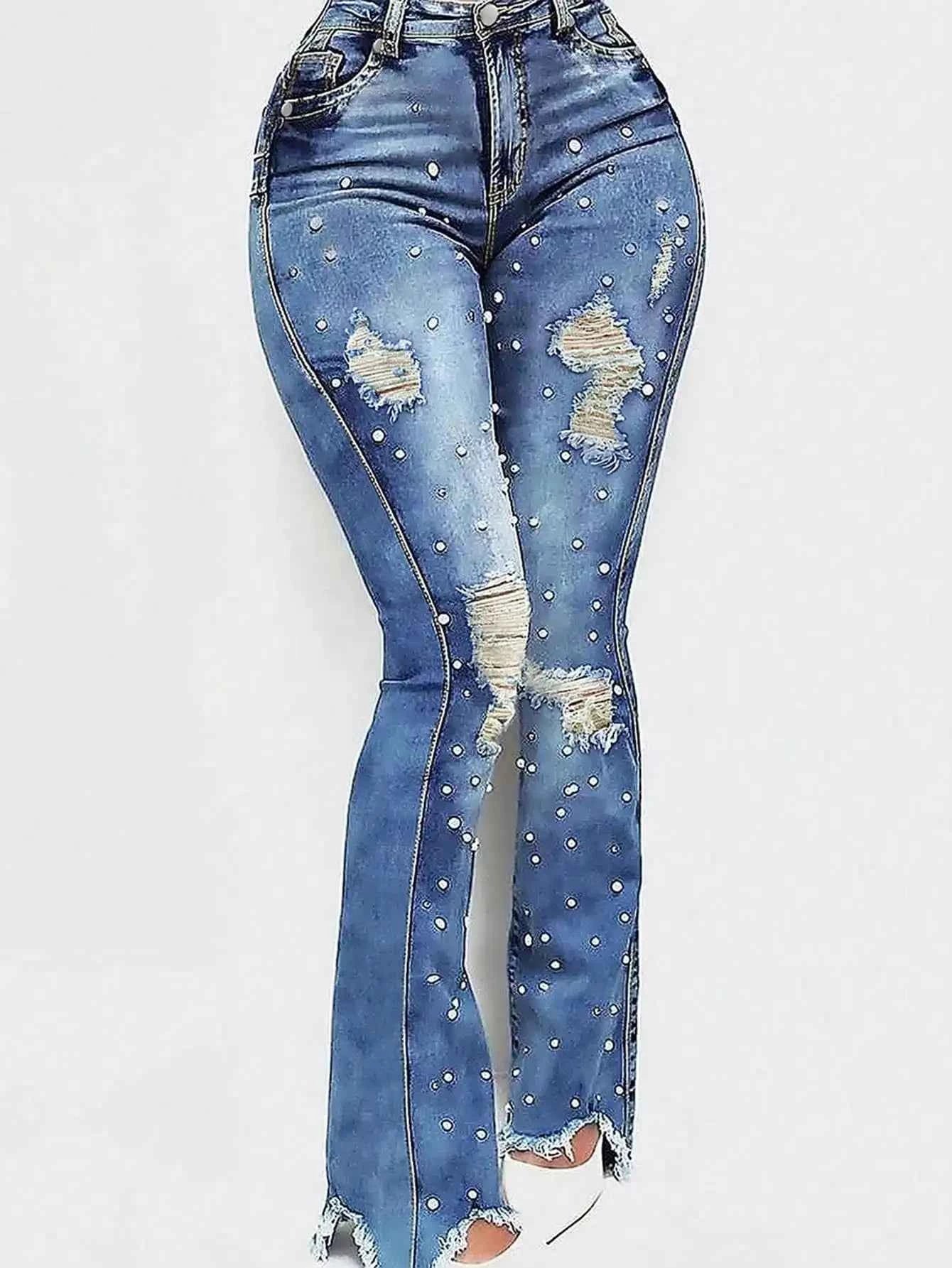Women's Custom Made High Waisted Ripped Flared Jeans with Beads, Elastic Denim Street Style