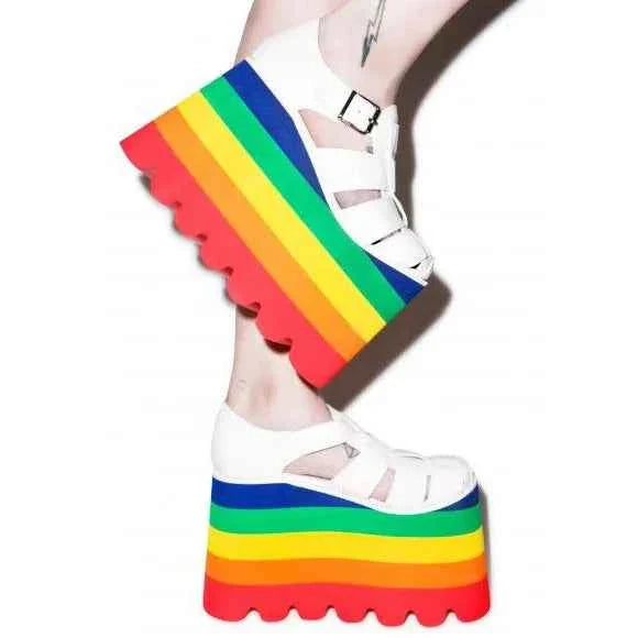Punk Style Round Toe Knee-High Platform Boots Rainbow Color Wedges