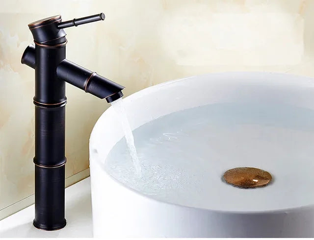 DecorBites™ Black Bronze Waterfall Faucet Bamboo Bathroom Sink Tap High Arch Mixer