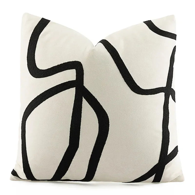 DecorBites™ Geometric Line Embroidered Pillowcase in Black White Beige Suede Canvas