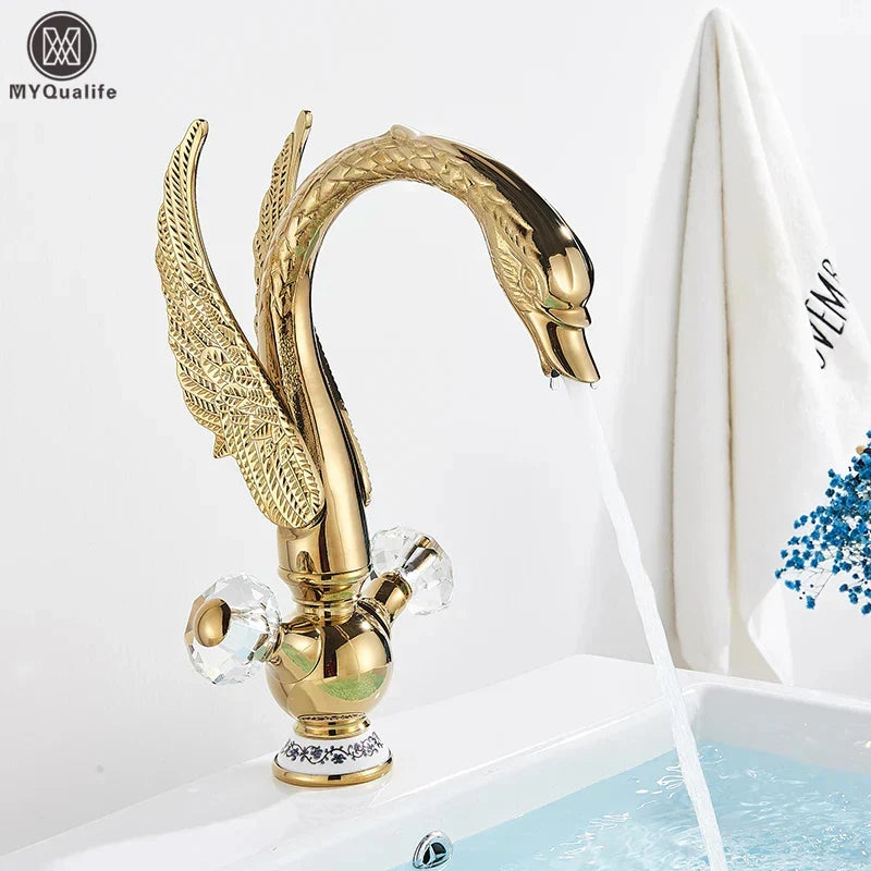 DecorBites™ Gold Brass Black Swan Bathroom Basin Faucet Luxury Single Mixer Tap Deck Mounted