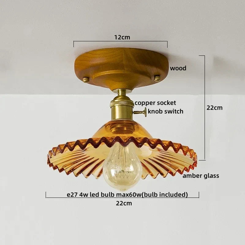 DecorBites™ Green Glass LED Ceiling Lamp Nordic Wood Copper Ceiling Lights