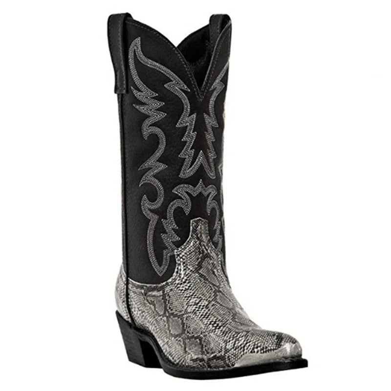 Snake Pattern Cowboy Men Handmade Mid-calf Boots Retro Pointed-top Western Boots