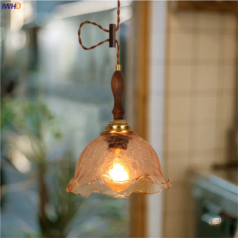 DecorBites™ Cracked Glass Copper Wooden Pendant Light for Home Indoor Living Room