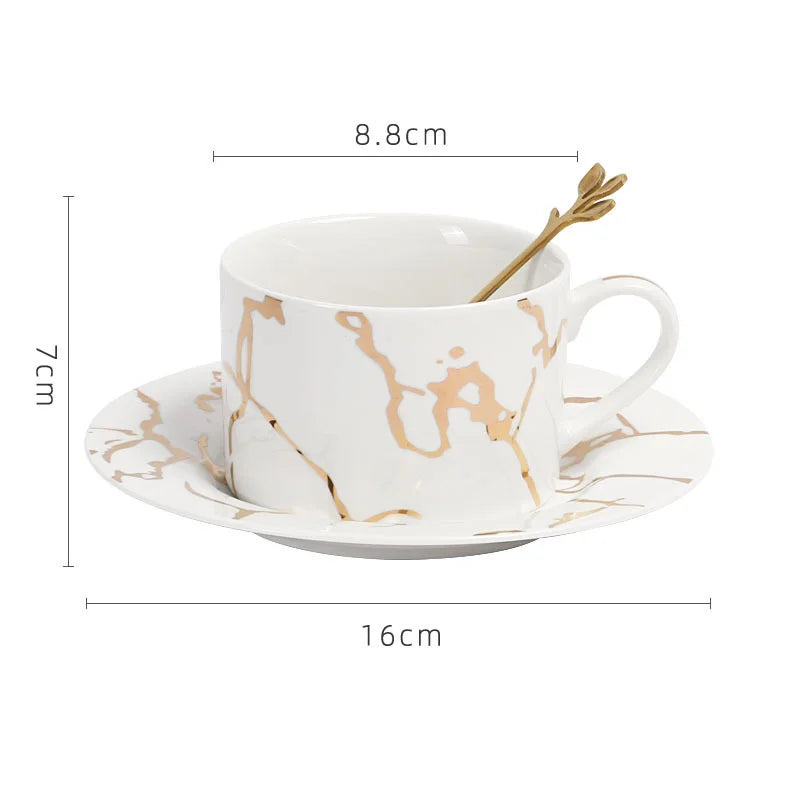 DecorBites™ Gilded Marble Texture Ceramic Cup & Saucer Set for Dining Table Tea & Coffee