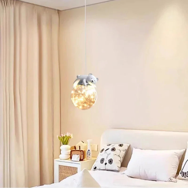 DecorBites™ Kids Room LED Chandeliers White Bear Bunny Pendant Light Glass Bedside Lamp