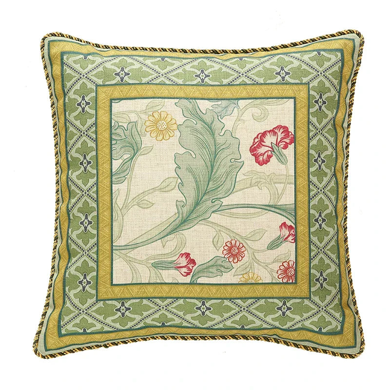 DecorBites™ French Linen Flax Lumbar Pillow Cover Flower Birds Print, Fairy Green