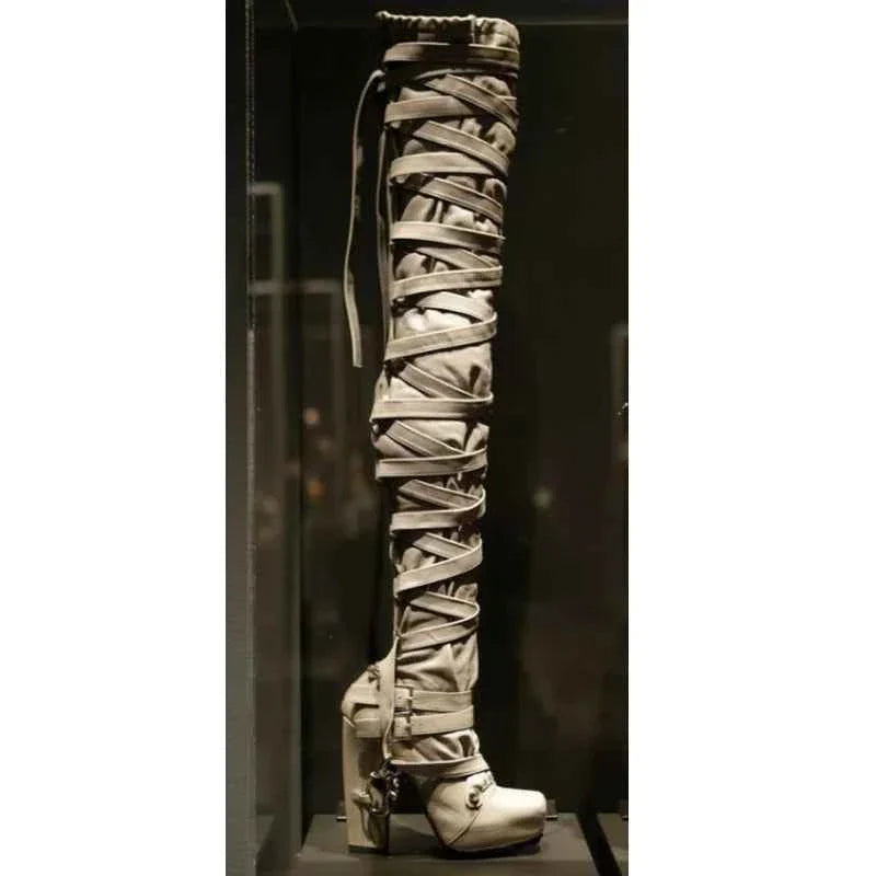 Crisscross Gothic Style Square Heel Boots