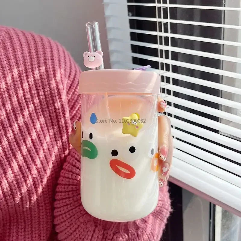 DecorBites™ Kawaii Glasses with Lid and Straw Bubble Tea Cup - 550ml Cute Drinkware