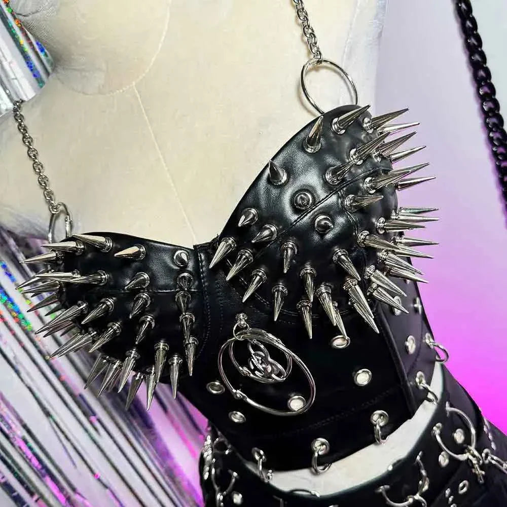 Goth Top with Spikes Grunge PU Leather Tank T-shirt
