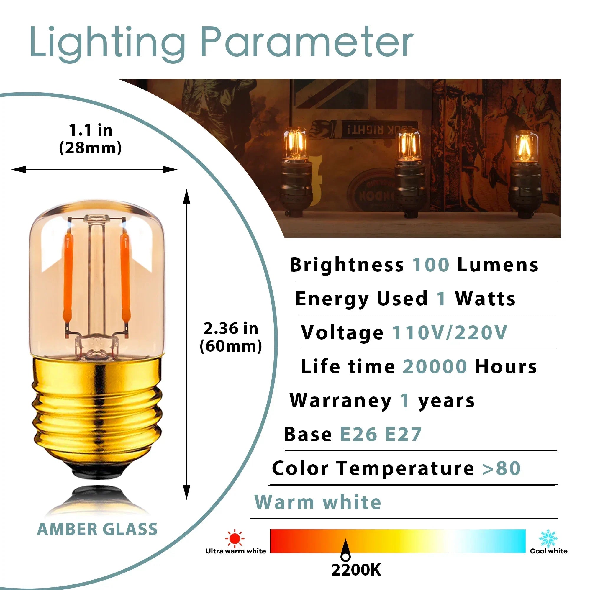 DecorBites™ Gold-Tinted LED Tubular Bulb, 1W, Warm White, Dimmable, Vintage Style