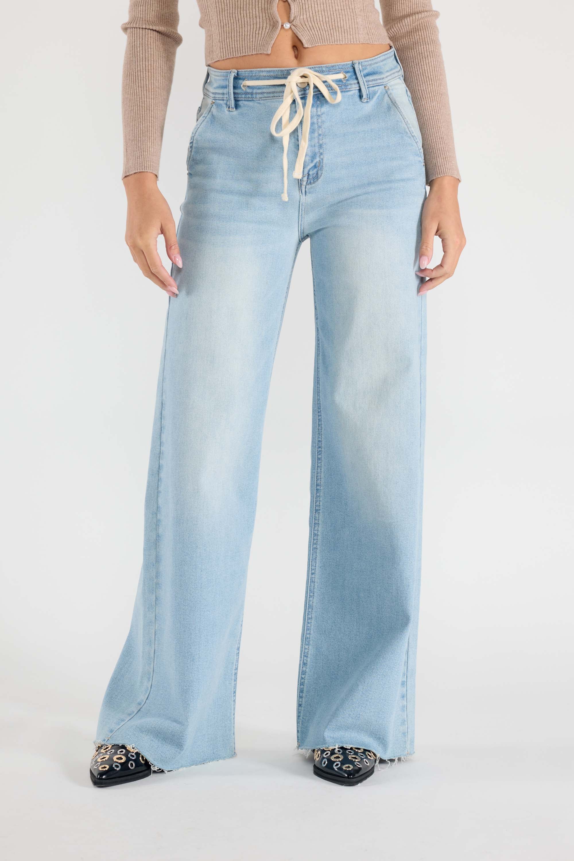 Super High Rise Relaxed Wide Leg Jeans with Waist String