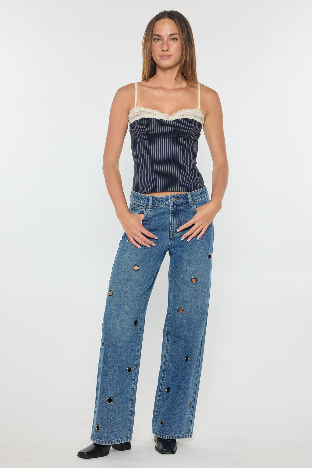 Low Waist Wide Leg Jeans with Big Eyelet Detail