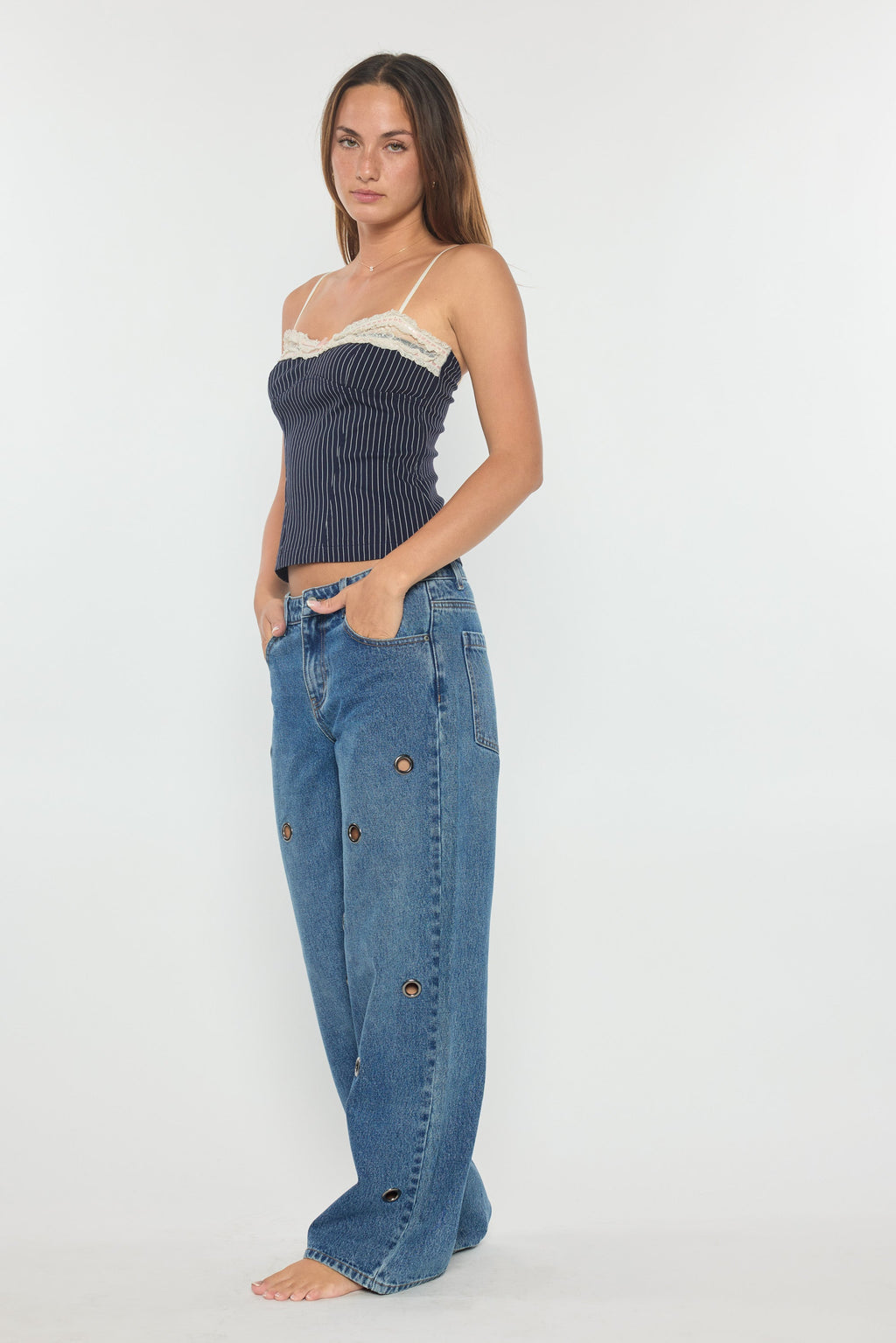 Low Waist Wide Leg Jeans with Big Eyelet Detail