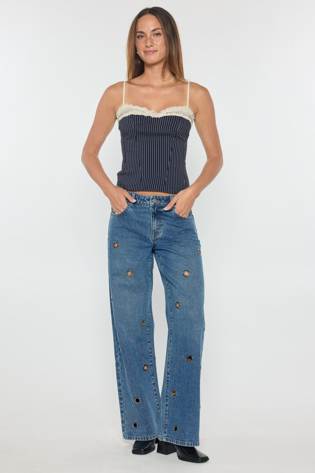 Low Waist Wide Leg Jeans with Big Eyelet Detail