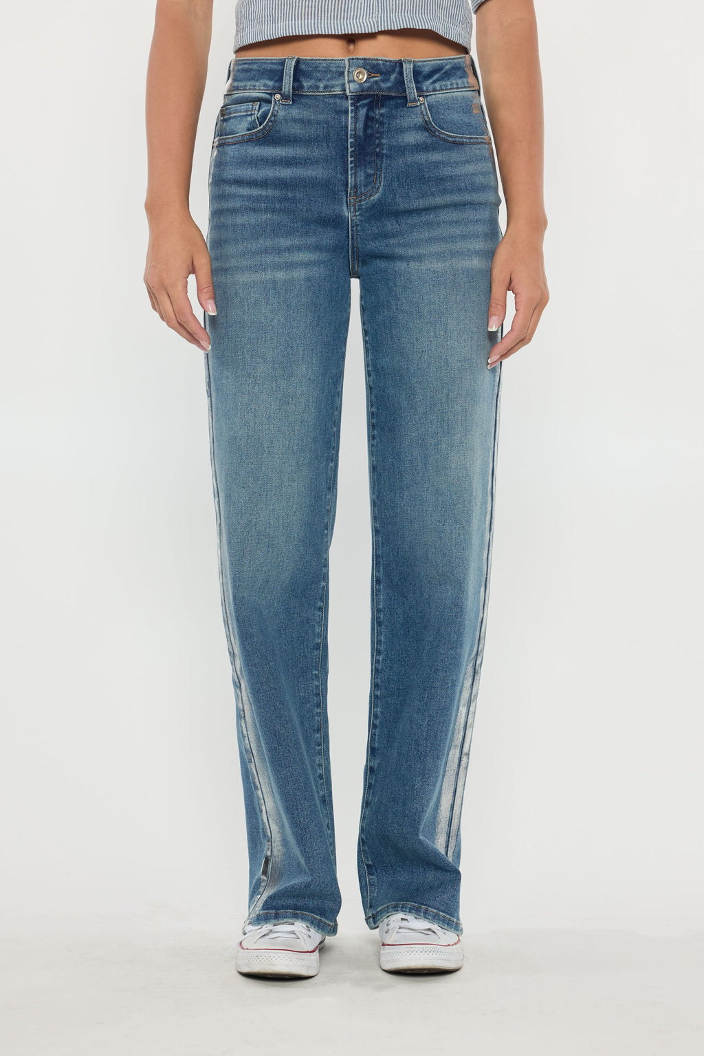 High Rise Relaxed Straight Jeans with Side Silver Foil
