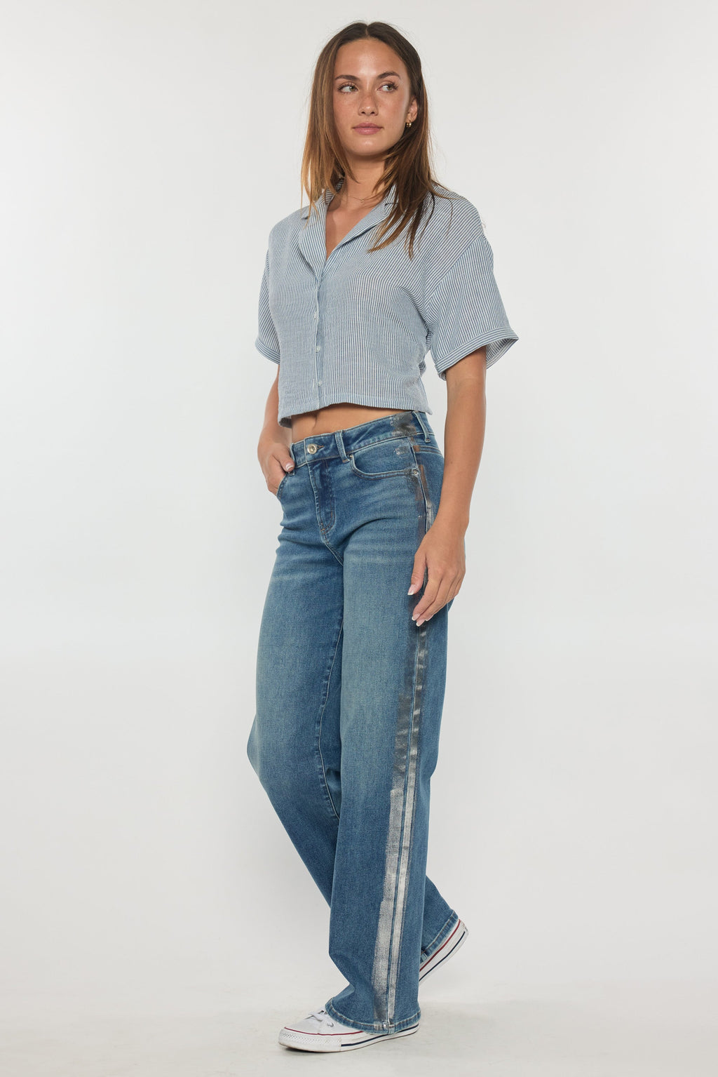 High Rise Relaxed Straight Jeans with Side Silver Foil