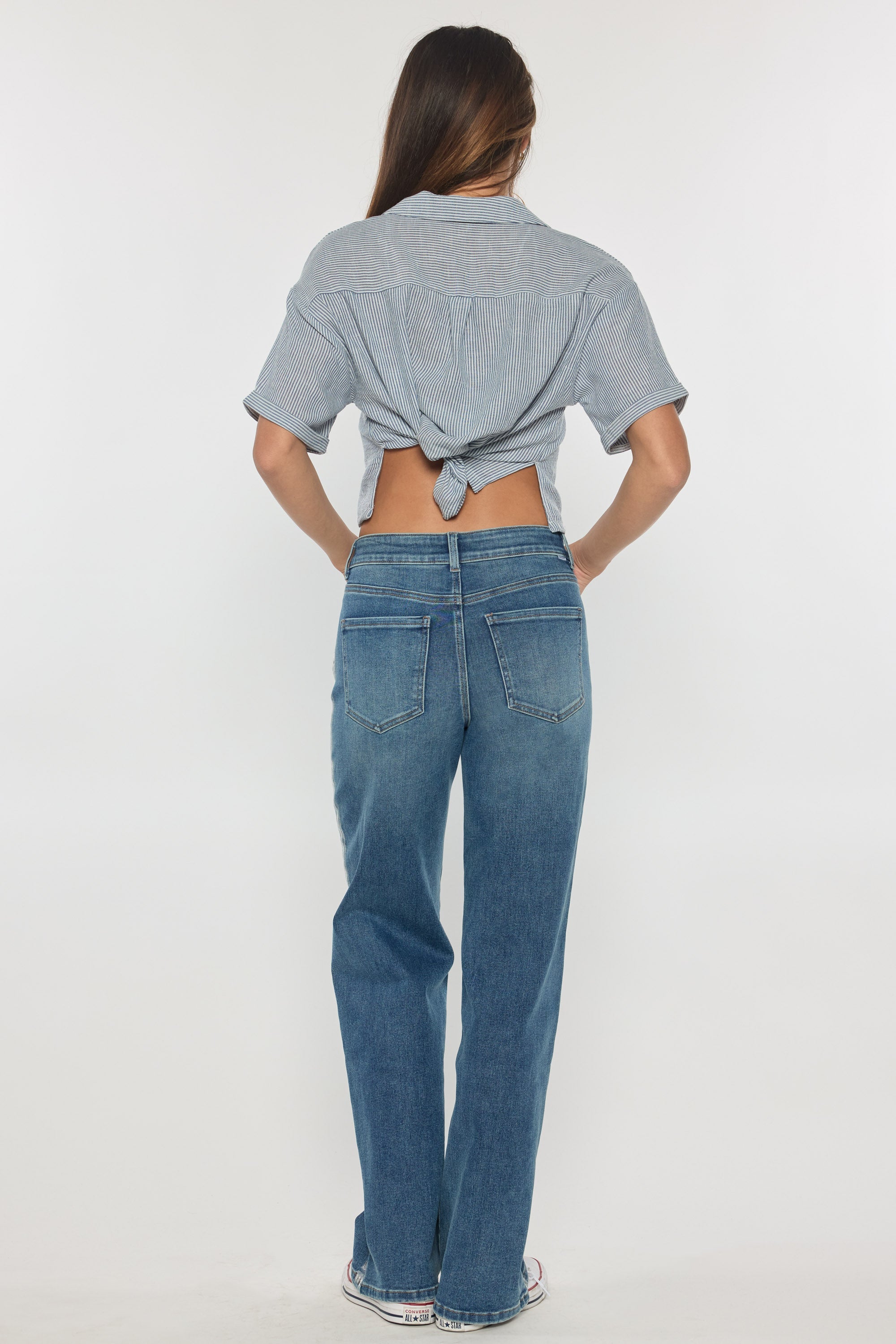 High Rise Relaxed Straight Jeans with Side Silver Foil