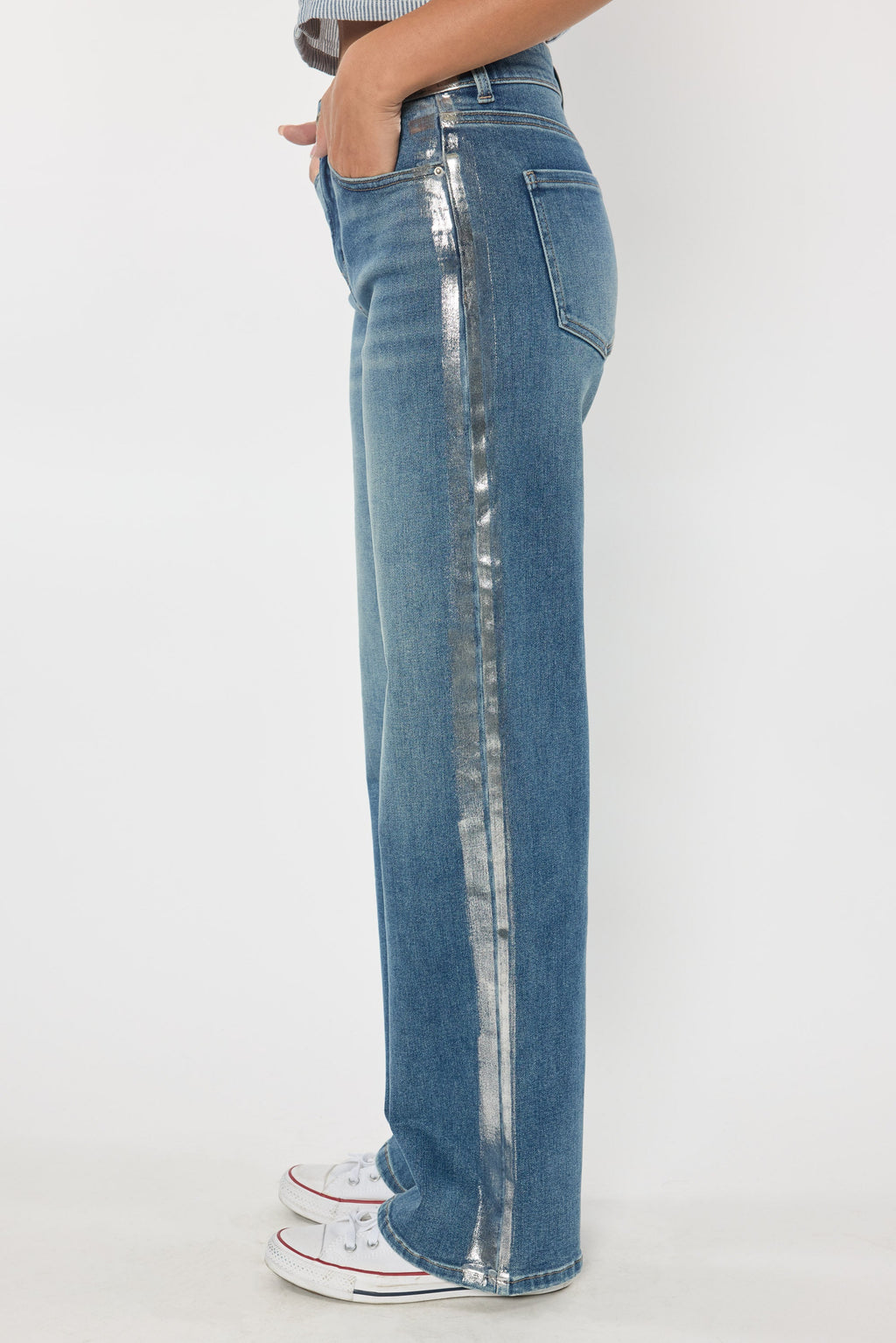 High Rise Relaxed Straight Jeans with Side Silver Foil