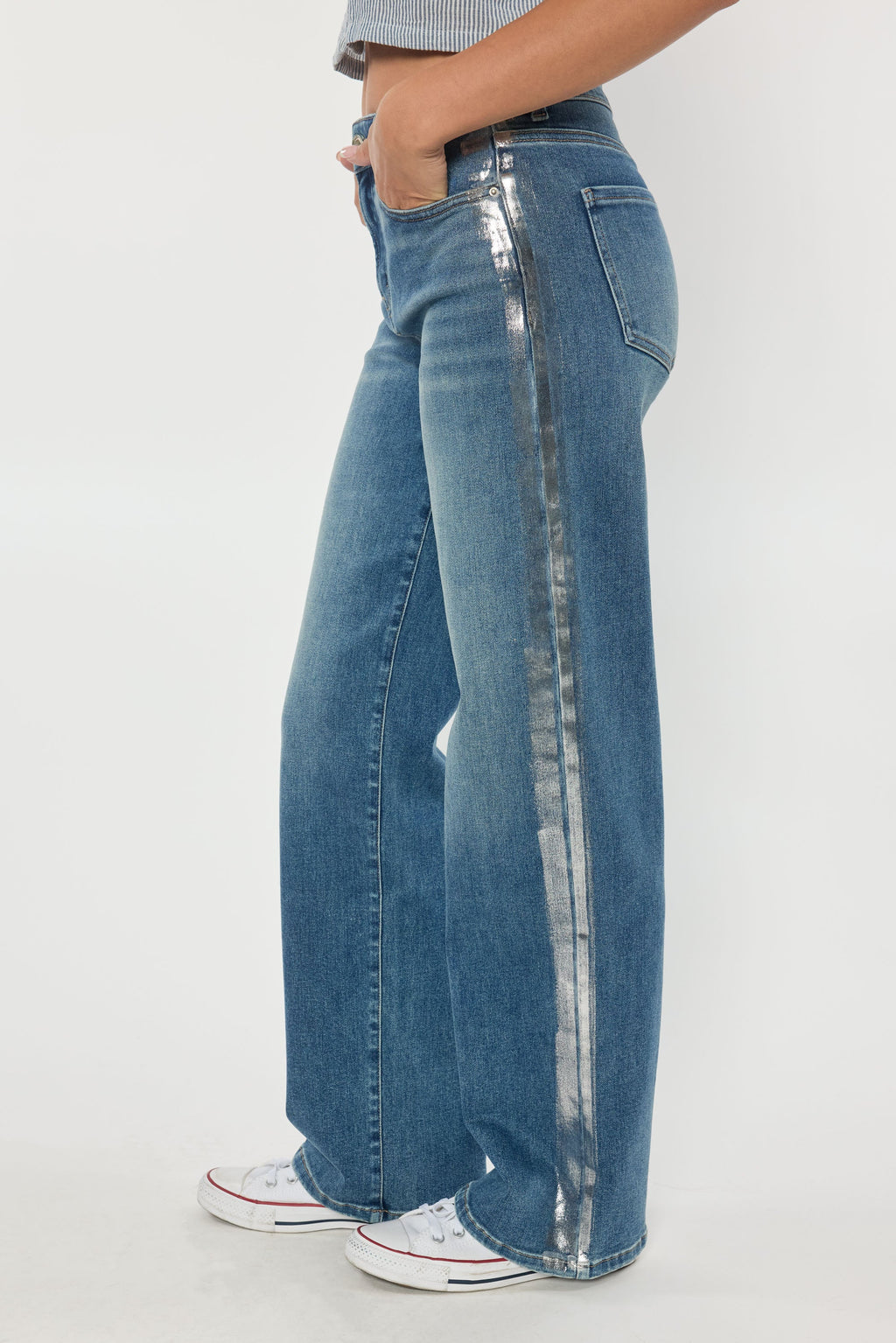 High Rise Relaxed Straight Jeans with Side Silver Foil