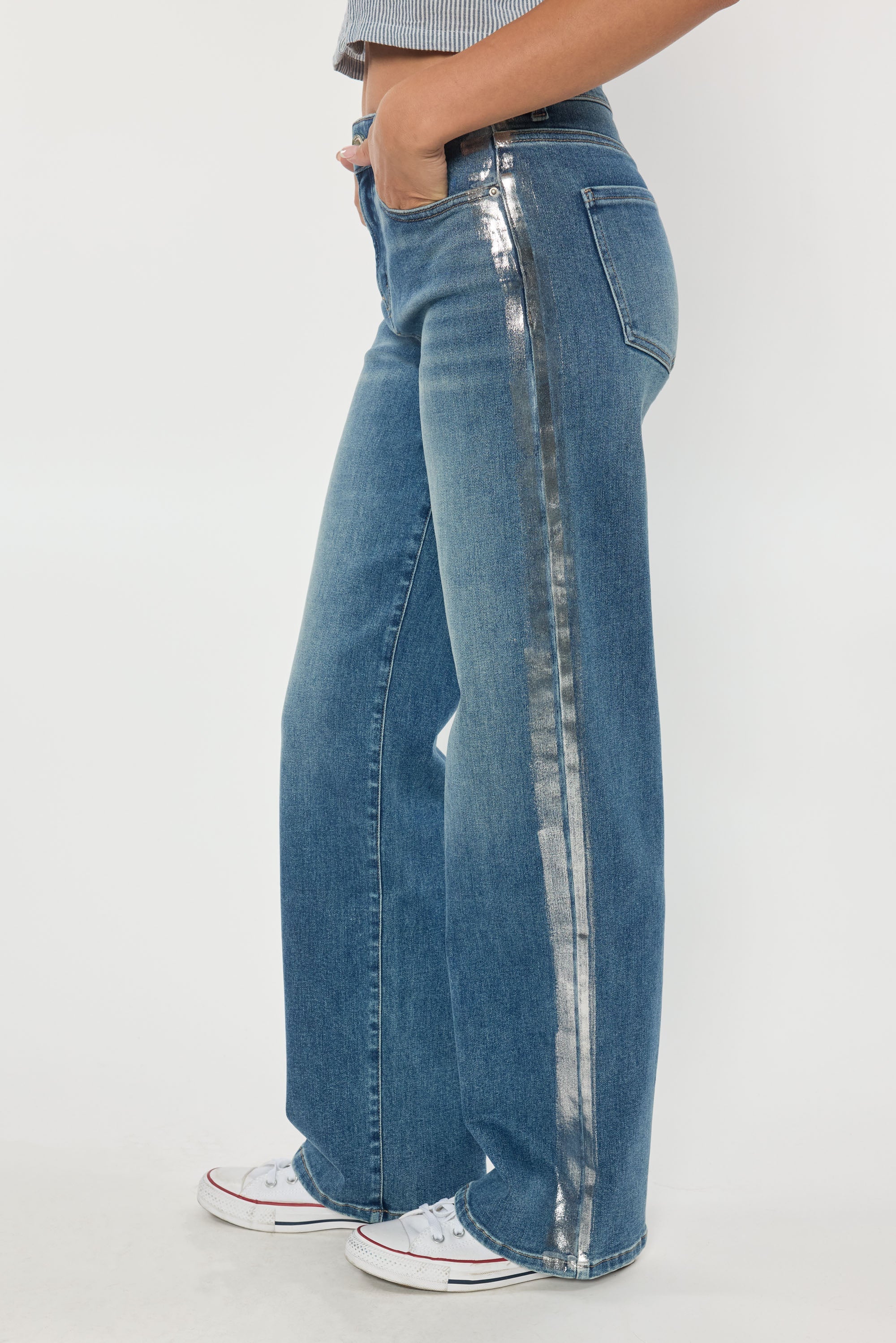 High Rise Relaxed Straight Jeans with Side Silver Foil