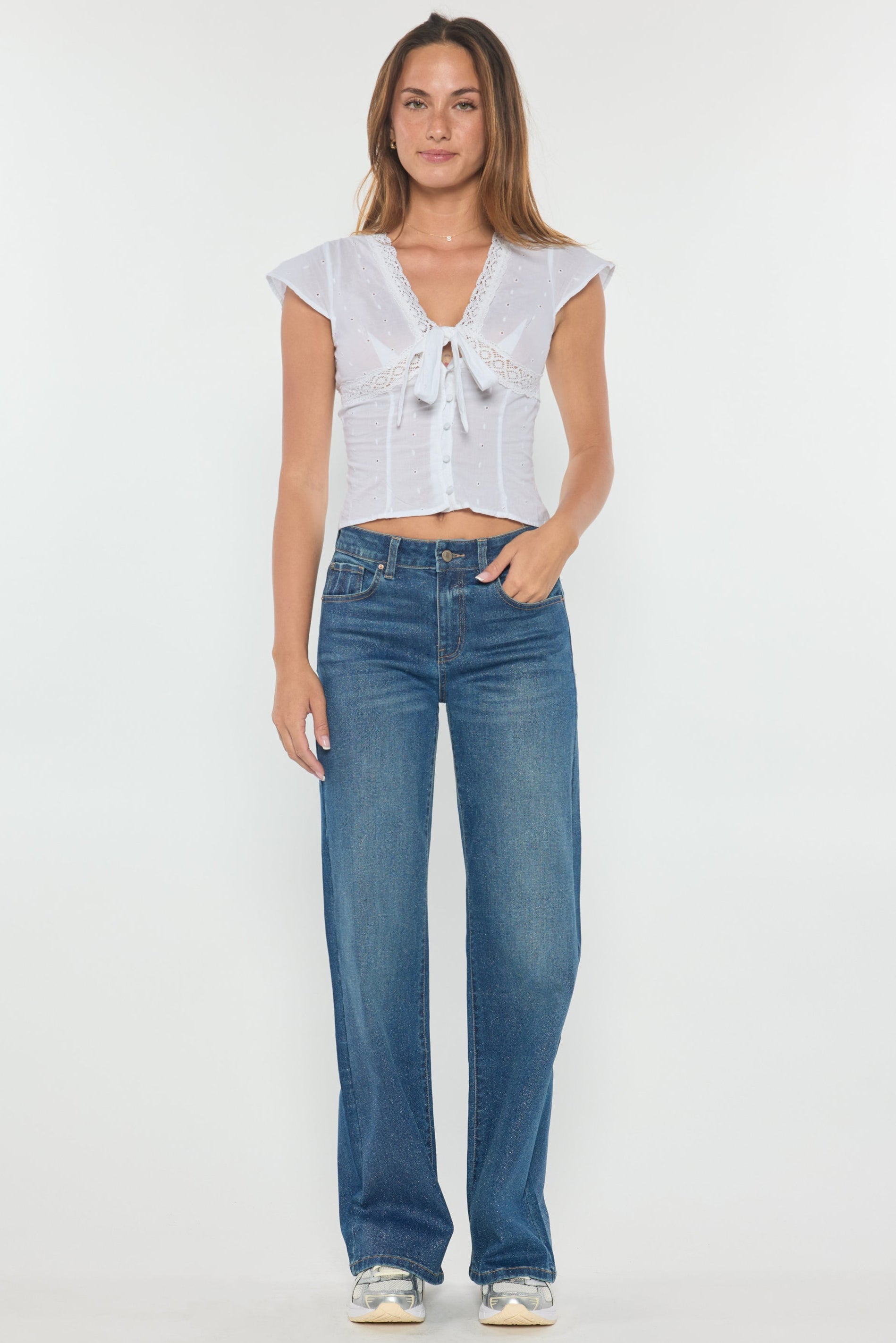 High Rise Wide Leg Jeans with Silver Glitter Effect