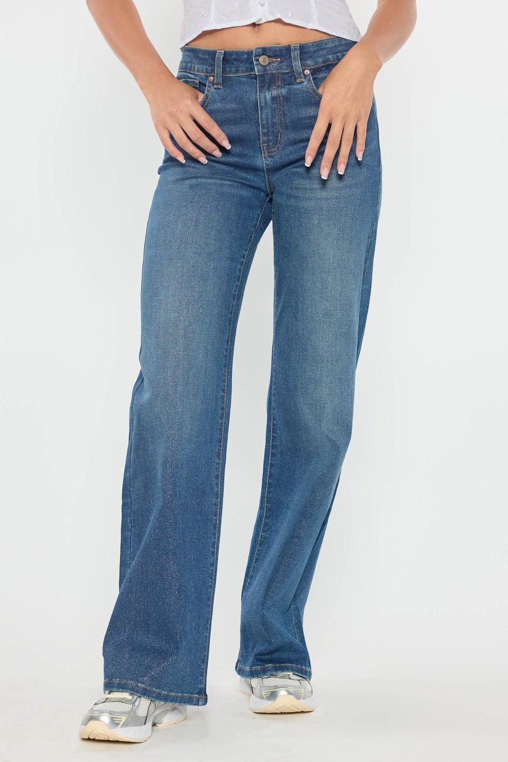 High Rise Wide Leg Jeans with Silver Glitter Effect