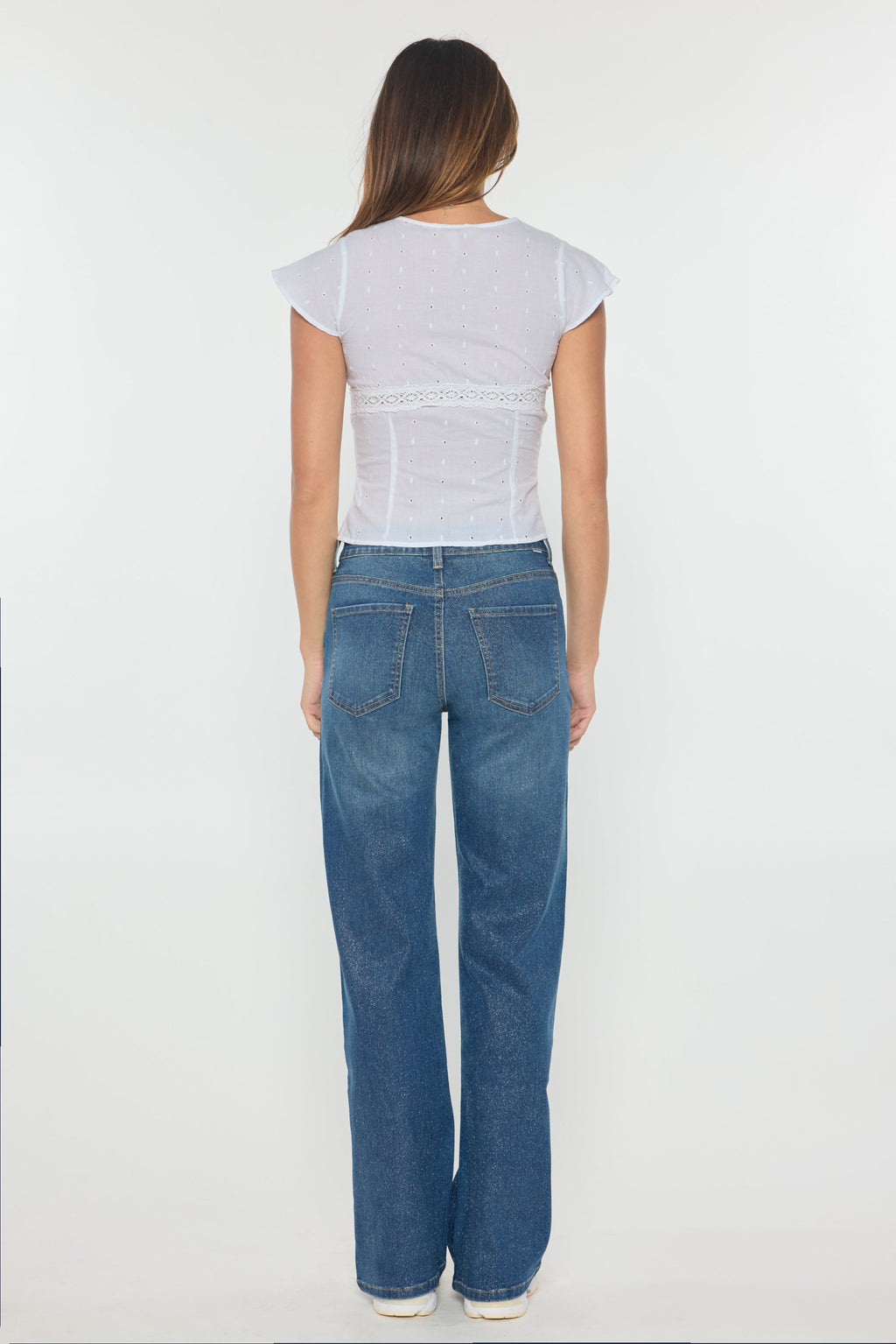 High Rise Wide Leg Jeans with Silver Glitter Effect