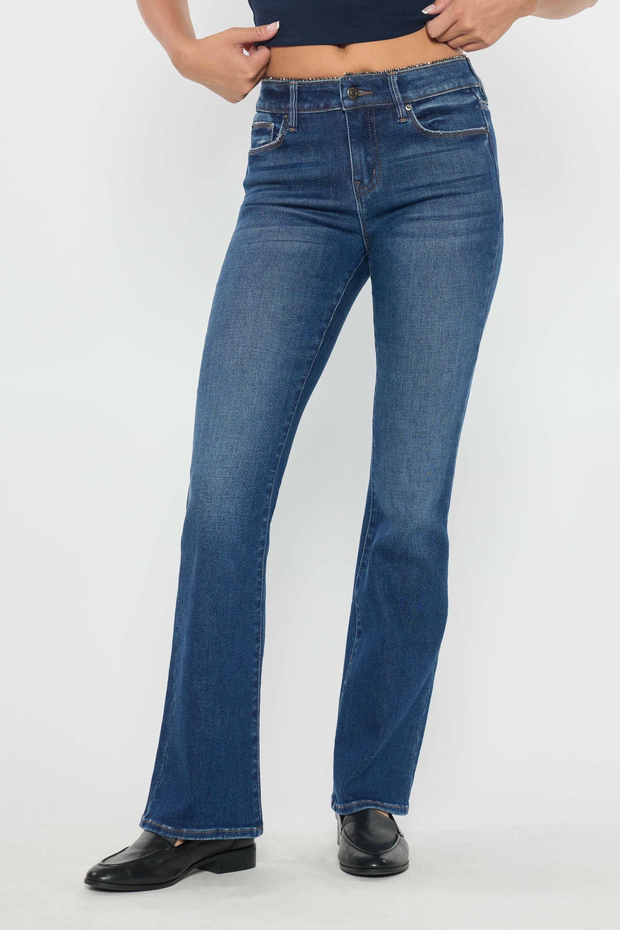 High Rise Bootcut Jeans with Crystal Beaded Lace Trim