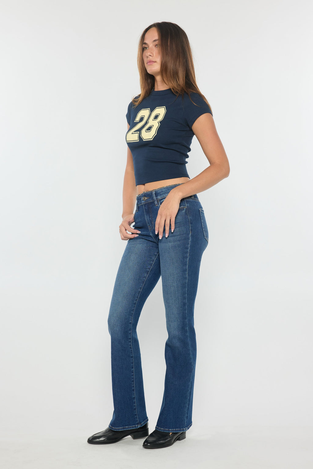 High Rise Bootcut Jeans with Crystal Beaded Lace Trim