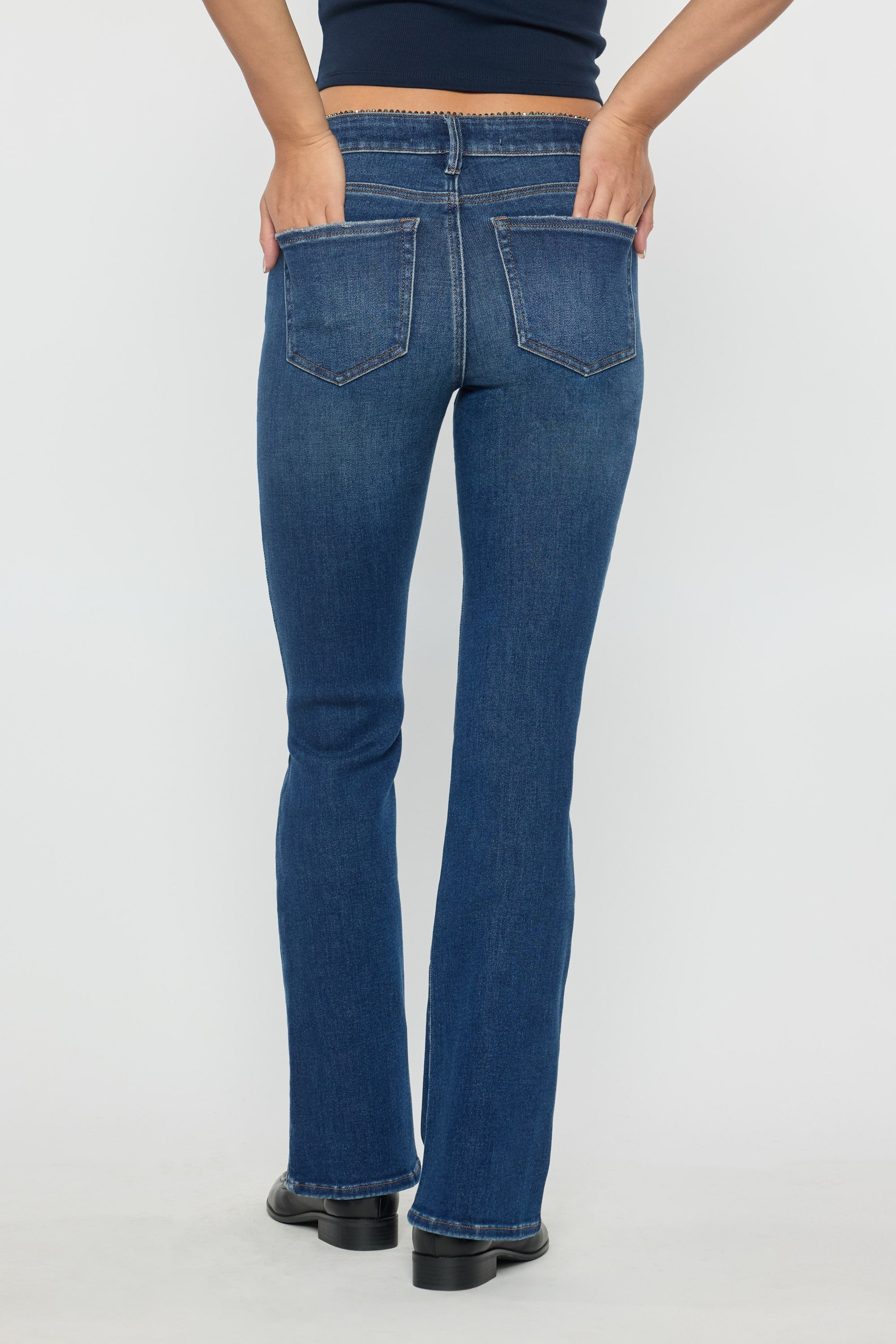High Rise Bootcut Jeans with Crystal Beaded Lace Trim