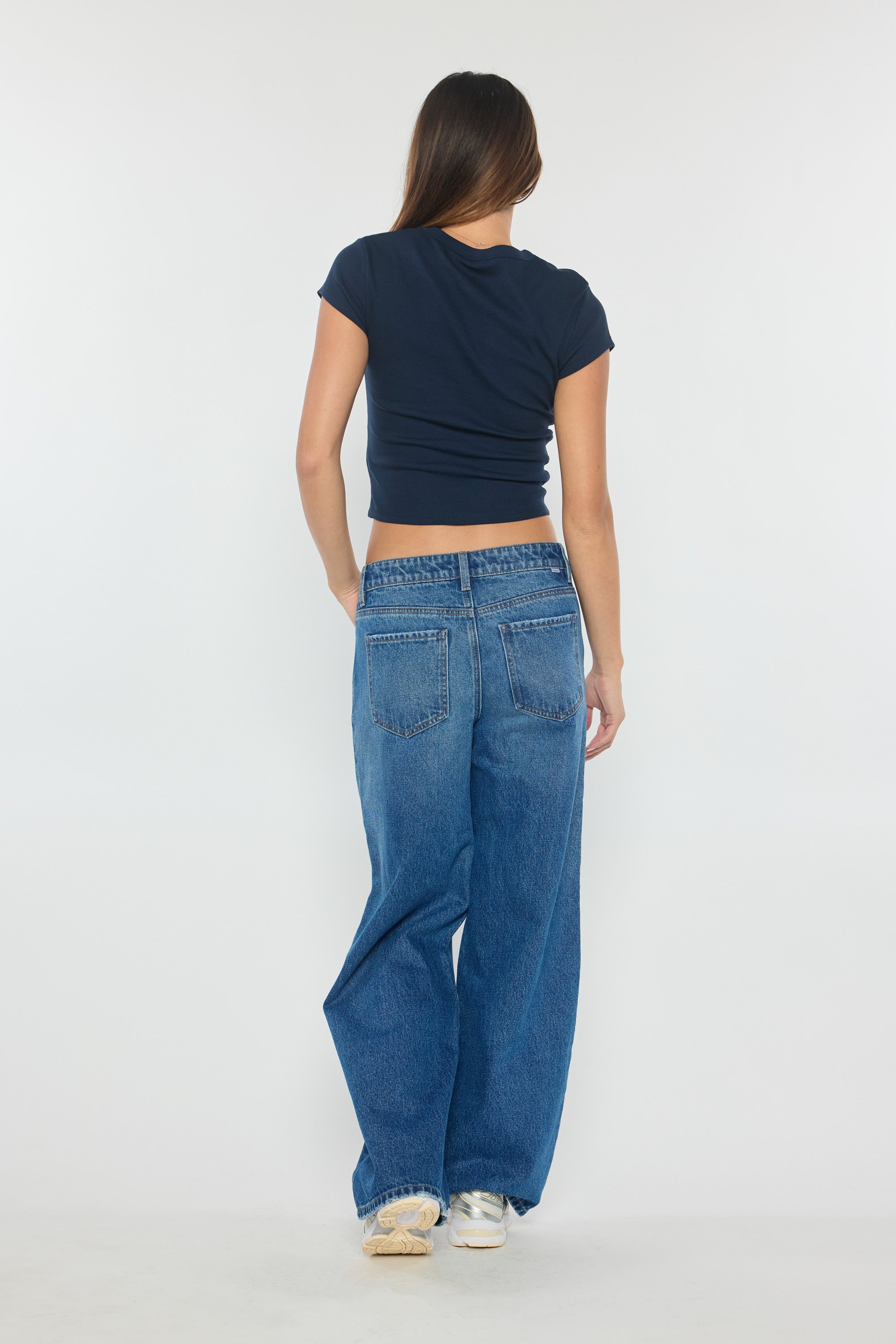 Low Waist Baggy Wide Leg Jeans with Side Piping Detail