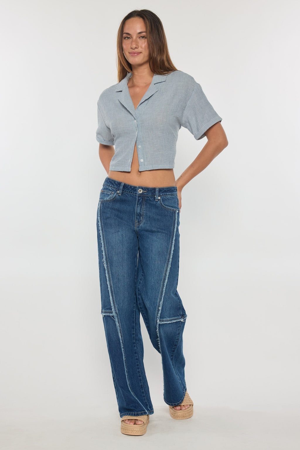 Low Waist Loose Wide Leg Jeans with Fringing Detail