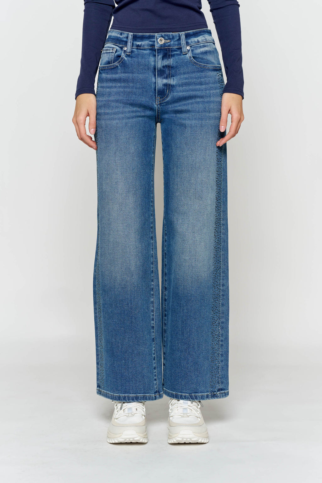 High Rise Ankle Wide Leg Jeans with Rhinestone Embellishments Along Side
