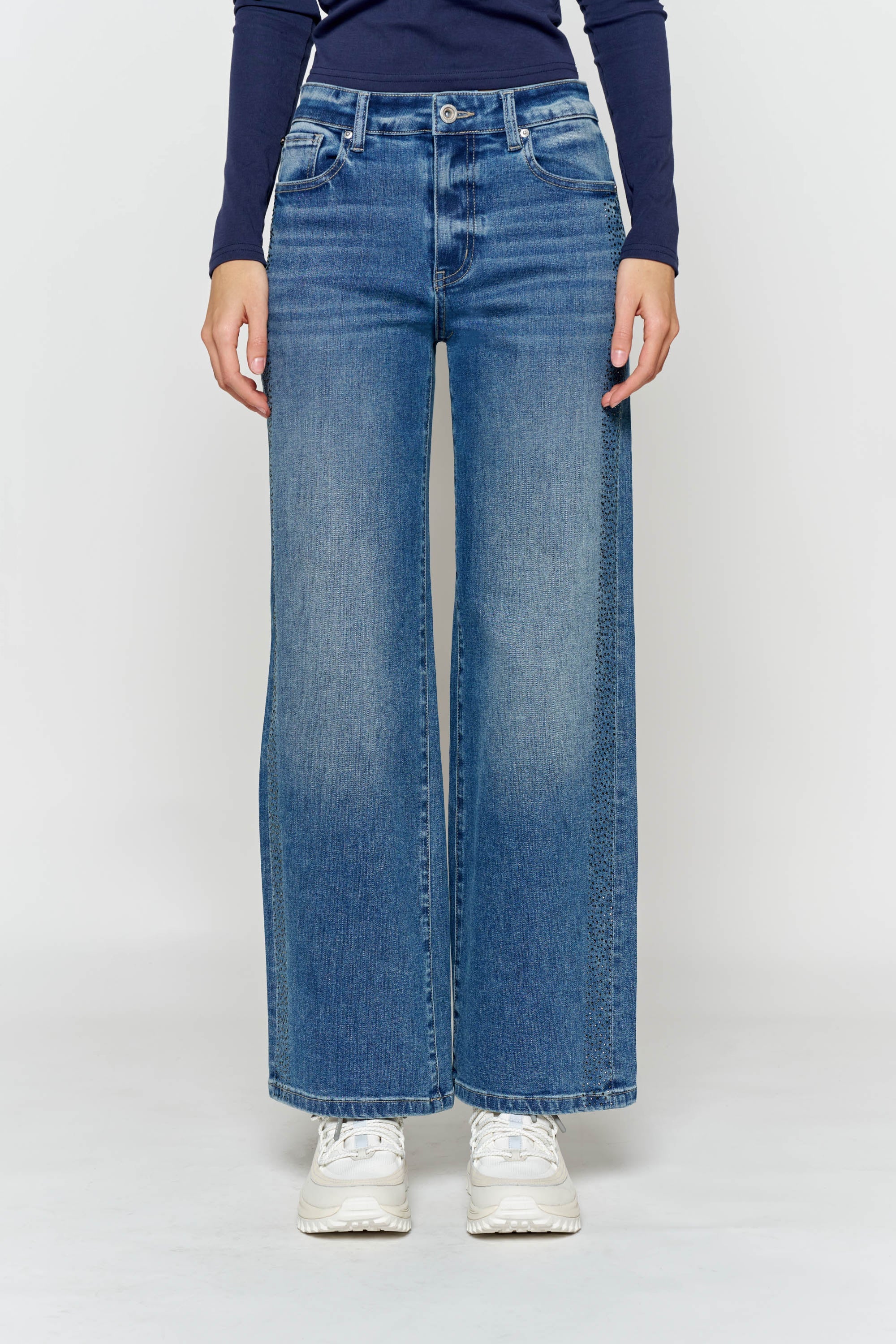High Rise Ankle Wide Leg Jeans with Rhinestone Embellishments Along Side