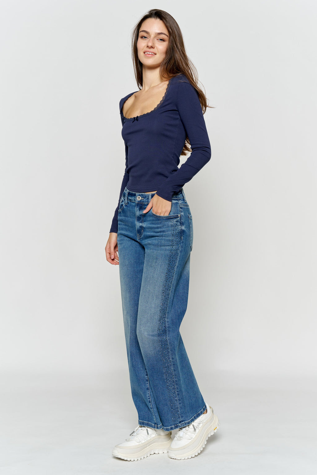 High Rise Ankle Wide Leg Jeans with Rhinestone Embellishments Along Side