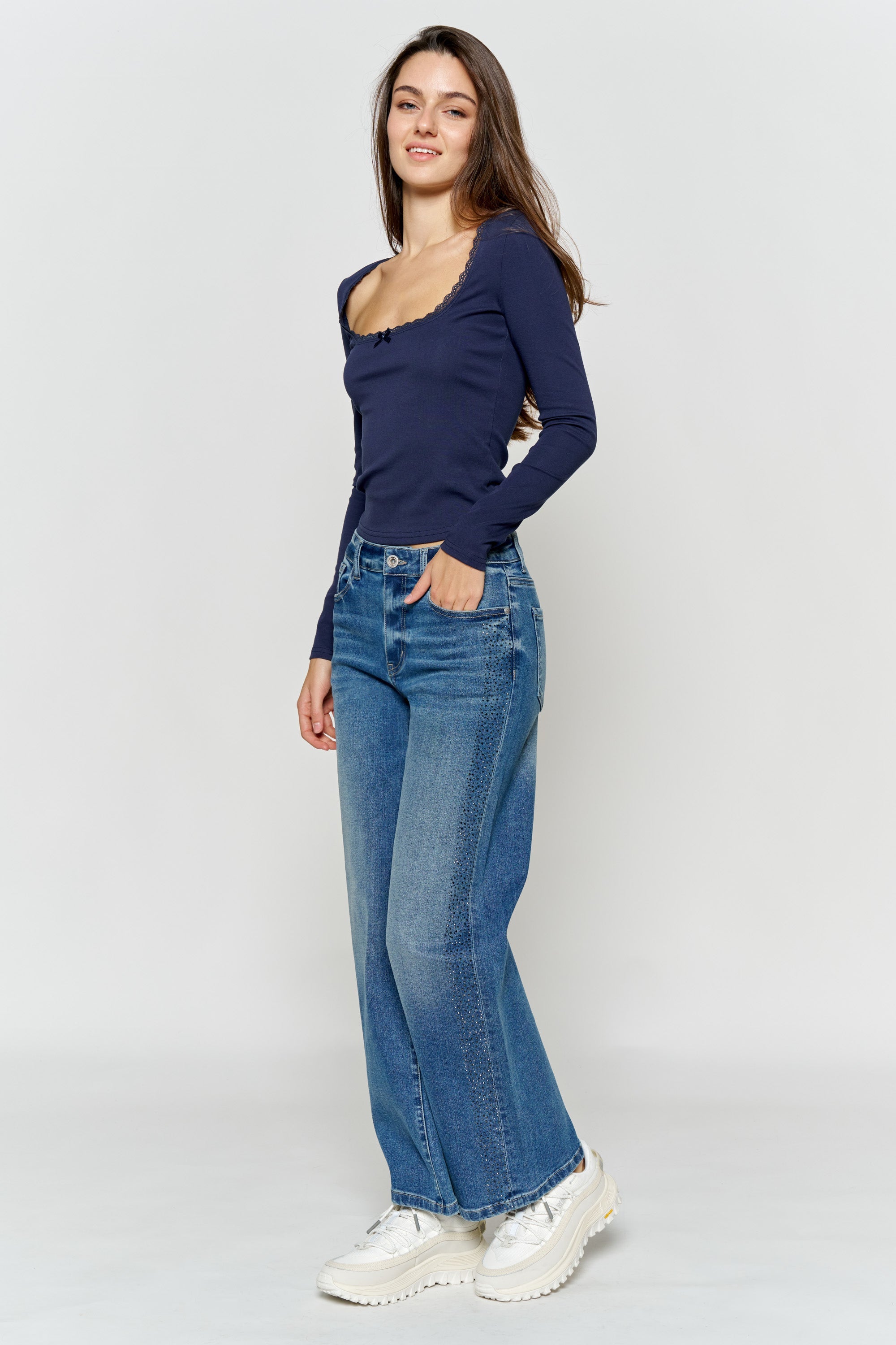High Rise Ankle Wide Leg Jeans with Rhinestone Embellishments Along Side