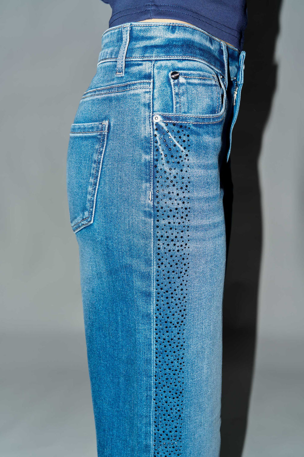 High Rise Ankle Wide Leg Jeans with Rhinestone Embellishments Along Side