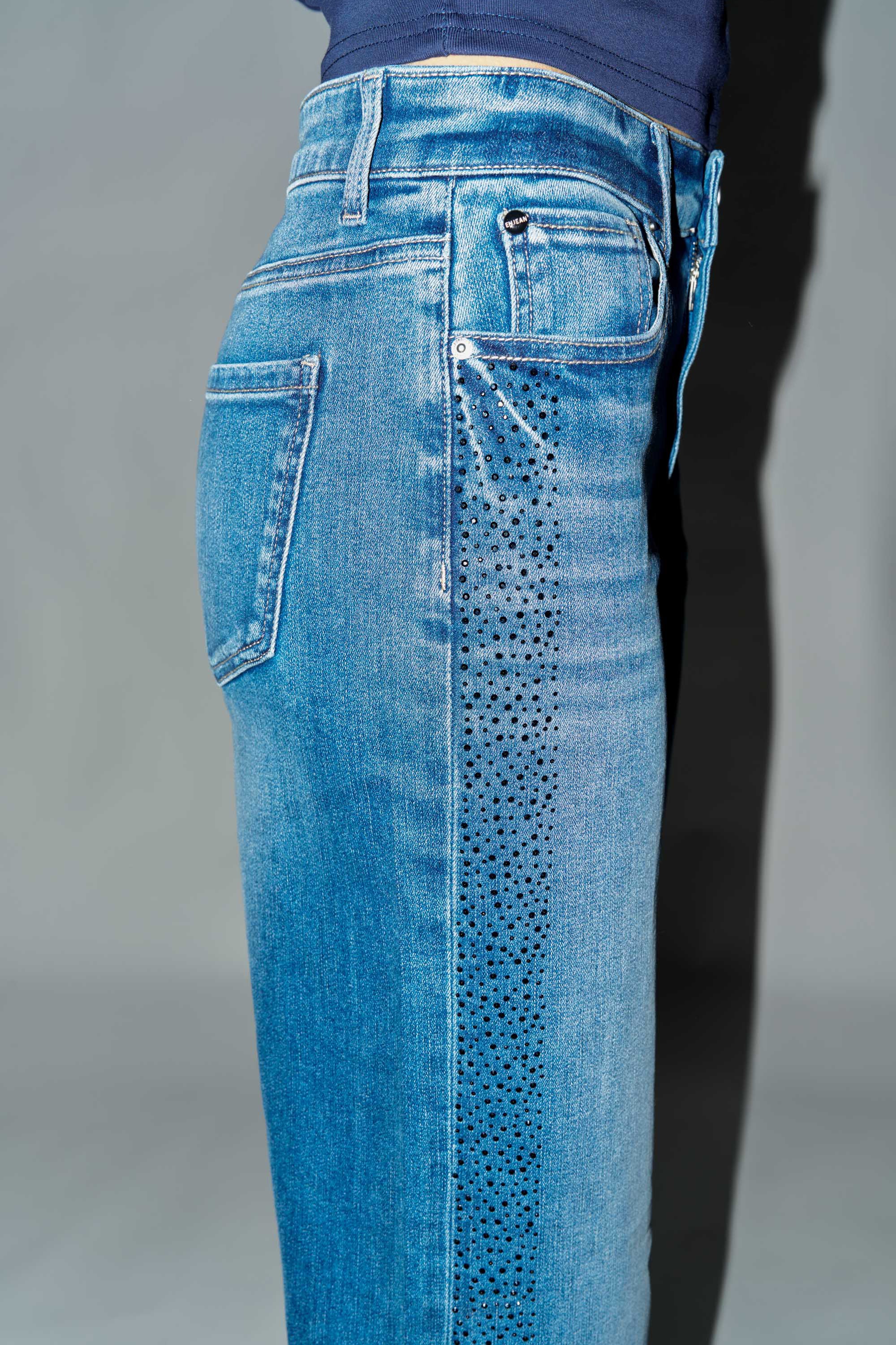 High Rise Ankle Wide Leg Jeans with Rhinestone Embellishments Along Side