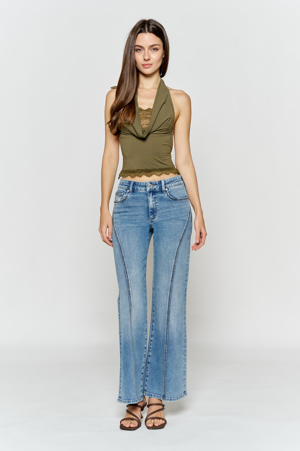 High Rise Wide Leg Jeans with Curved Seam and Rhinestone Details