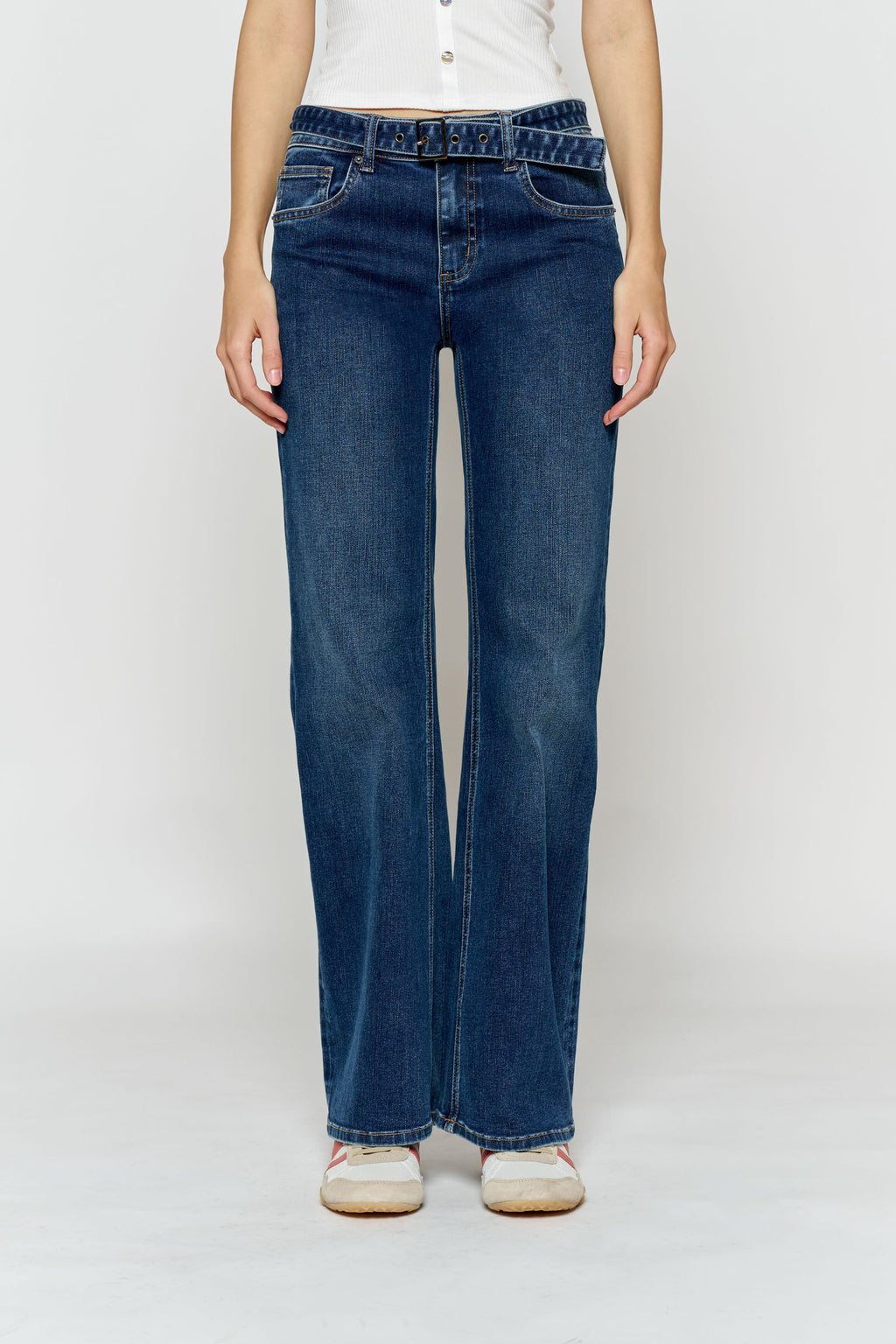 High Rise Belted Wide Leg Jeans with Buckle Closure
