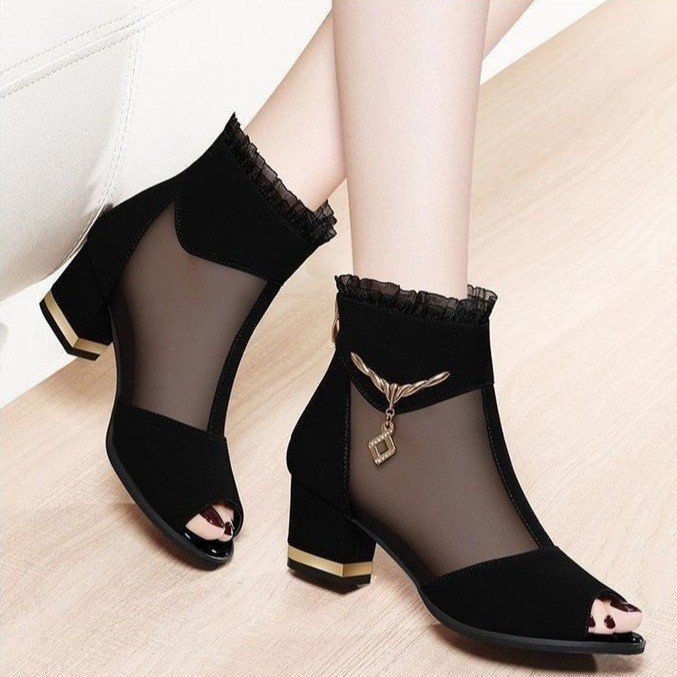 Women's Sexy Frill Hollow Ankle Boots Chunky All Matching