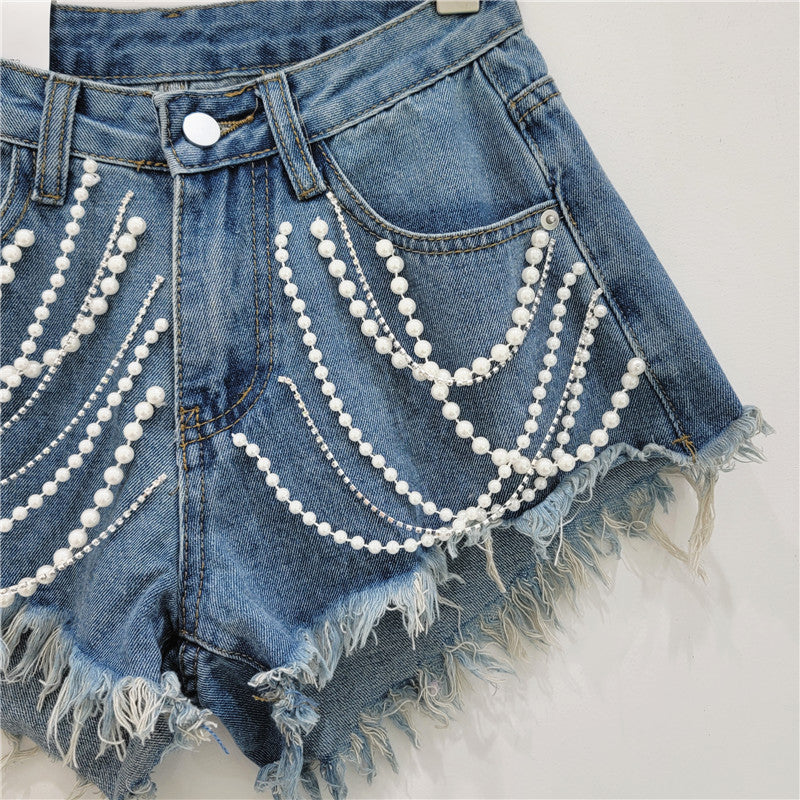 Denim Bottoms Women's Summer High Waist Slimming Rhinestone Drip