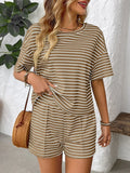 Women's Striped Round Neck Top and Bottoms Set